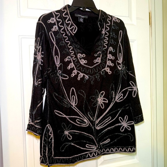 Once Again Woman’s Ribbon Embroidered Sparkle Tunic Size Medium Black Mandarin - Picture 1 of 6